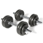 Set van 15kg rubberen schijven en O 25mm chromen staven 5 1