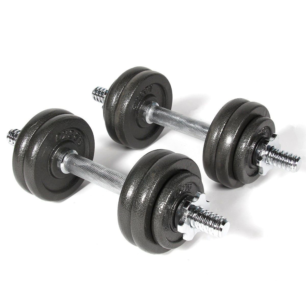 Set van 15kg rubberen schijven en O 25mm chromen staven 5 1