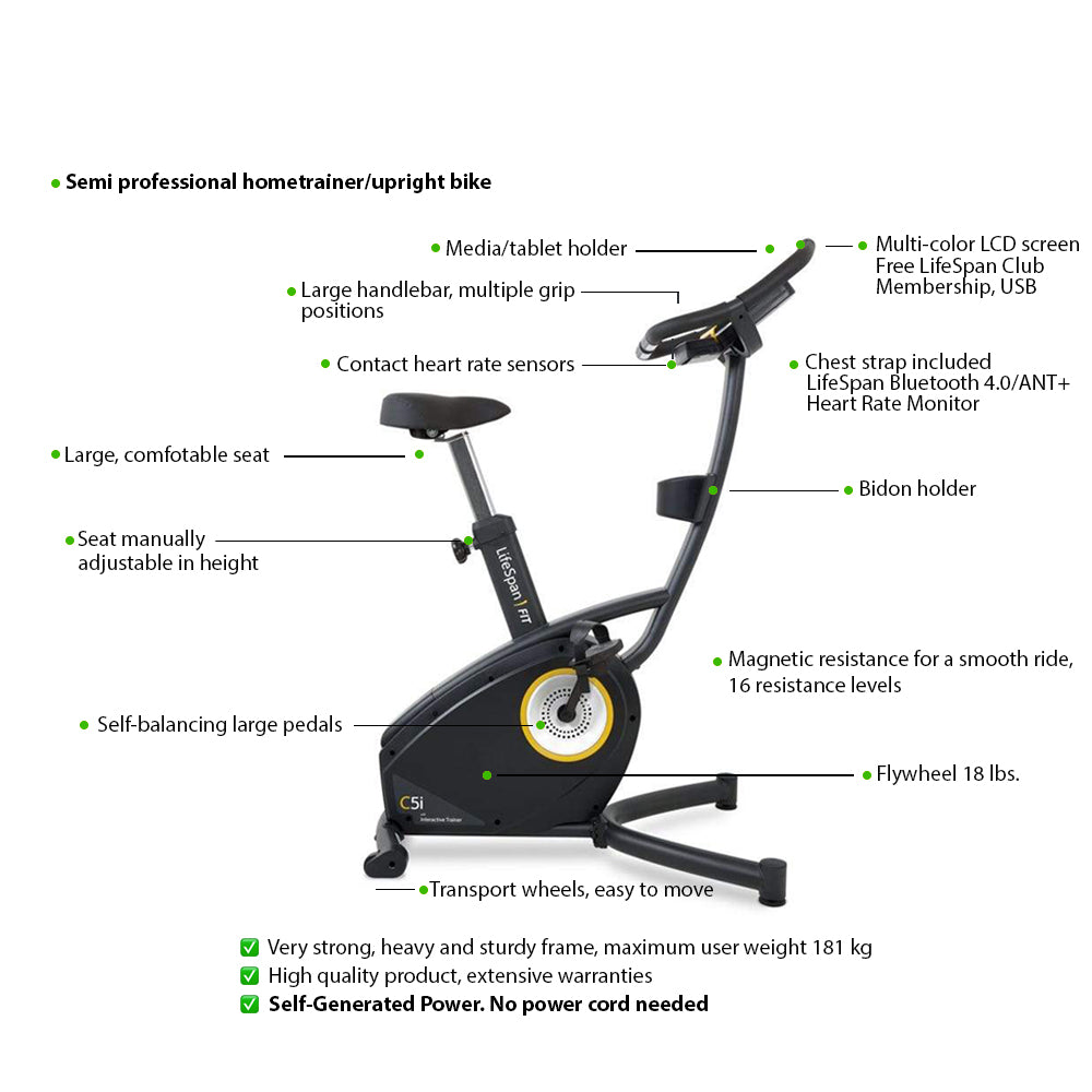 Velo semi professionnel Hometrainer Upright Bike C5i Self Generating LifeSpan Fitness 75193