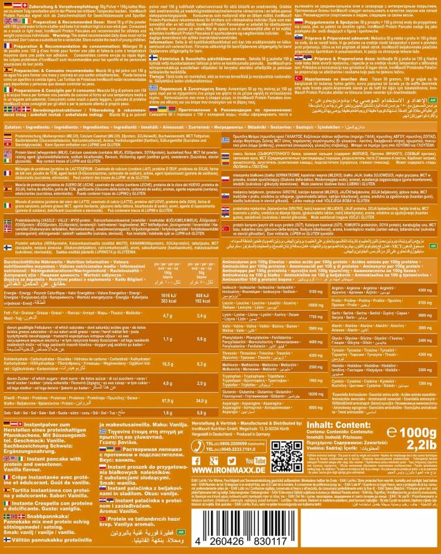 Valores nutricionaisProtein Pancake Vanilla 1kg IronMaxx